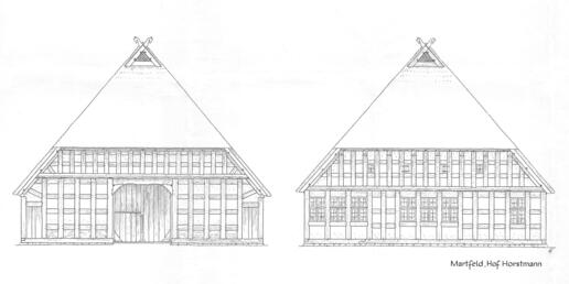Haus Horstmann in Martfeld von 1802. Zeichnung von Gerhard Eitzen, Original im Bauernhaus-Archiv.