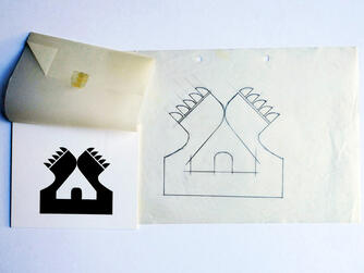 Das Signet des Holznagels: Zwei Bärentatzen mit dem Giebel eines Niederdeutschen Hallenhauses in der Mitte. Rechts, auf Pergament, der Originalentwurf von Julius Kraft © IgB Archiv